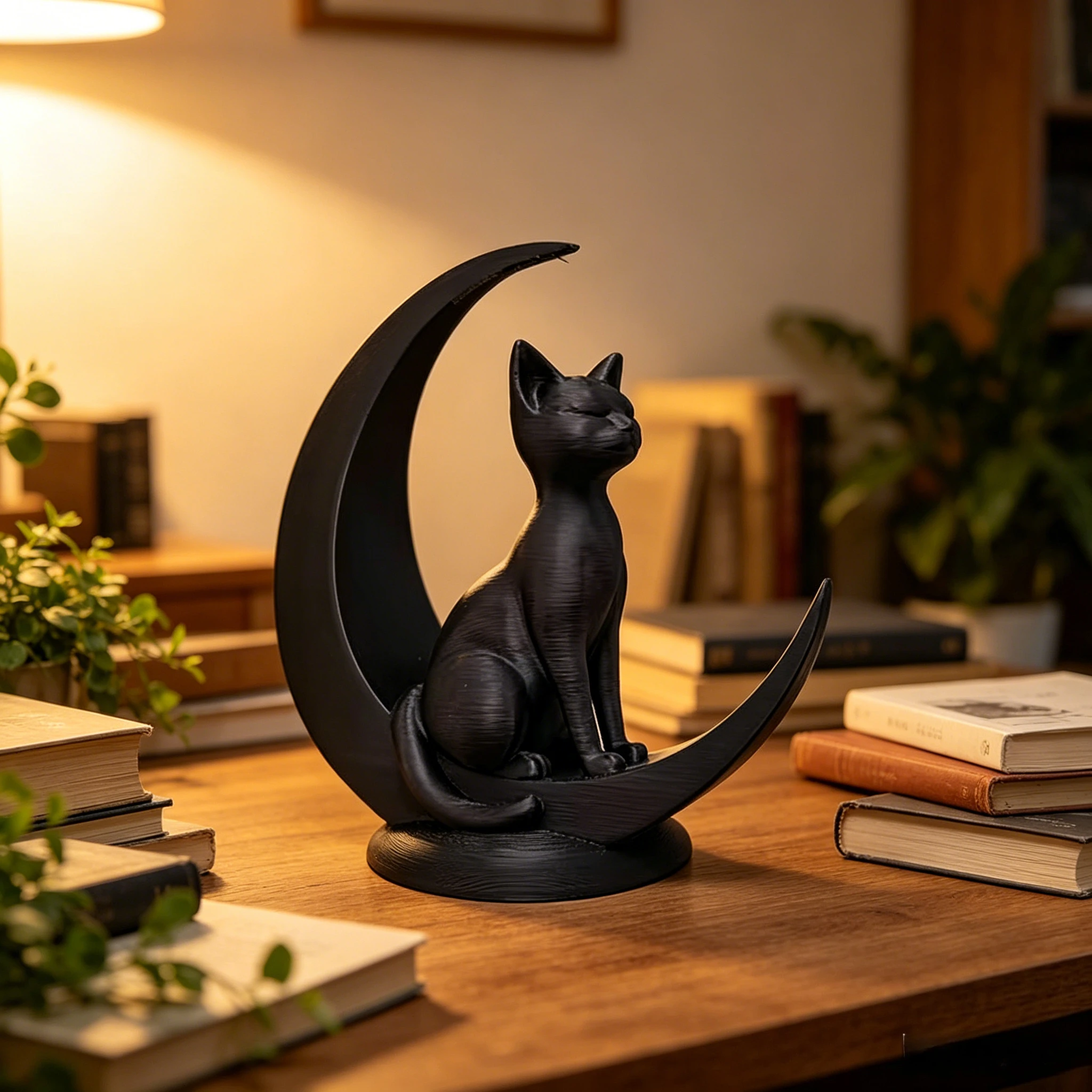 2026 Newest 3D Printed Crescent Moon Cat Statue Minimalist Small Tabletop Ornament Black Animal Figurine Home Study Decor Gift