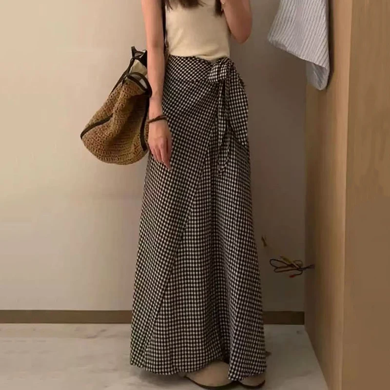 

Vintage High Waist Plaid Skirt for Women Korean Chic Lace Up Casual Ladies A Line Skirts Y2K Streetwear Female Midi Skirts New