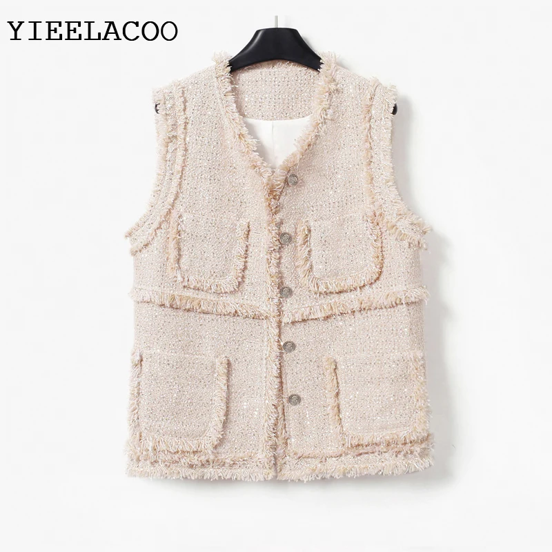 

Apricot Sequin Coat Sleeveless Ladies Spring /Autumn /Winter Classic Women's Tweed Jacket Coat Fashion Fragrance Woven Top