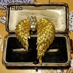 SKEDS 빈티지 여성용 클래식 깃털 골드 크리스탈 브로치 배지, 레트로 레이디 팰리스 반짝이는 액세서리 핀