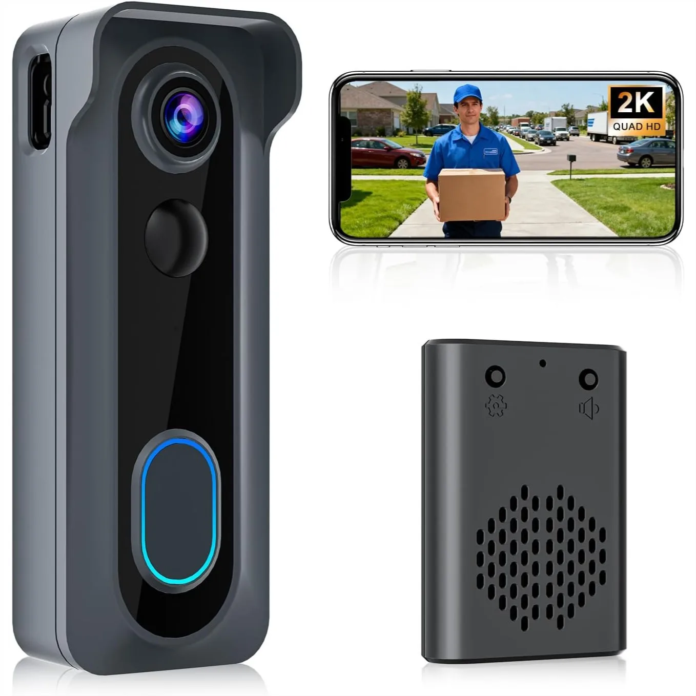 

Doorbell Camera Wireless with Chime, 2K HD Video AI Motion Detection Two-Way Audio Night Vision Cloud Storage Battery Powered