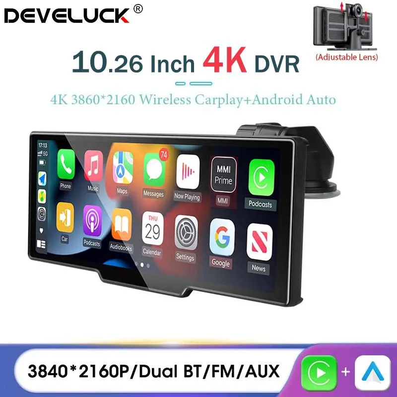 Universal 10.26 Inch Car DVR Wireless Carplay&Android Auto Portable 4K Front and 1080P Rear Camera GPS FM AUX Dual lens Dashcam