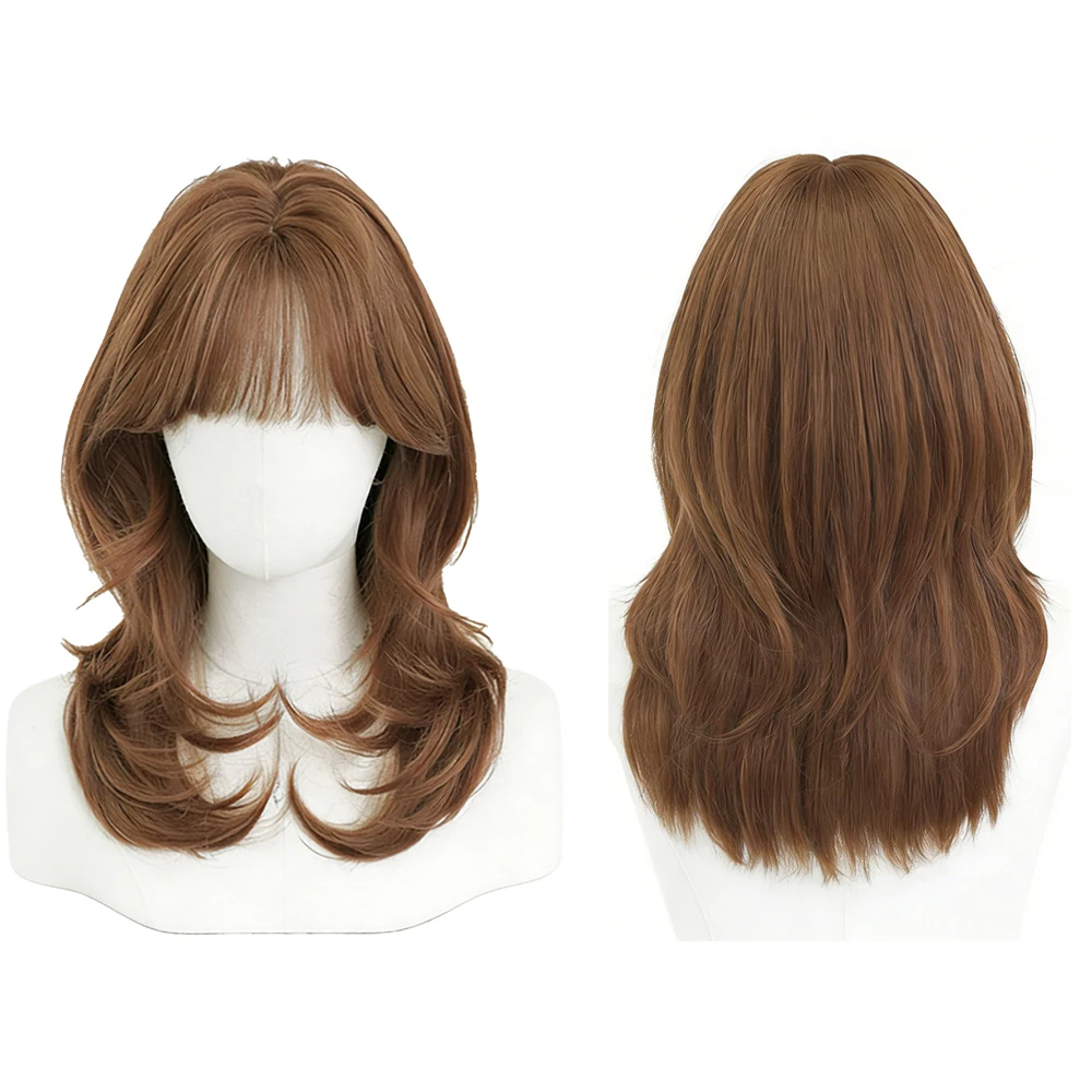 

Honey Tea Brown 19 Inch Layered Wavy Heat Resistant Synthetic Wig With Air Bangs Natural Looking For Women Daily Party Use