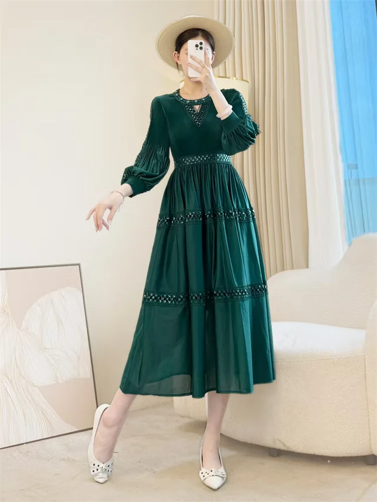 Miyake Women's Pleated Casual Dress Fashion Heavy Industry Beaded Lace Sequin Temperament Long Skirt 2026 New Style