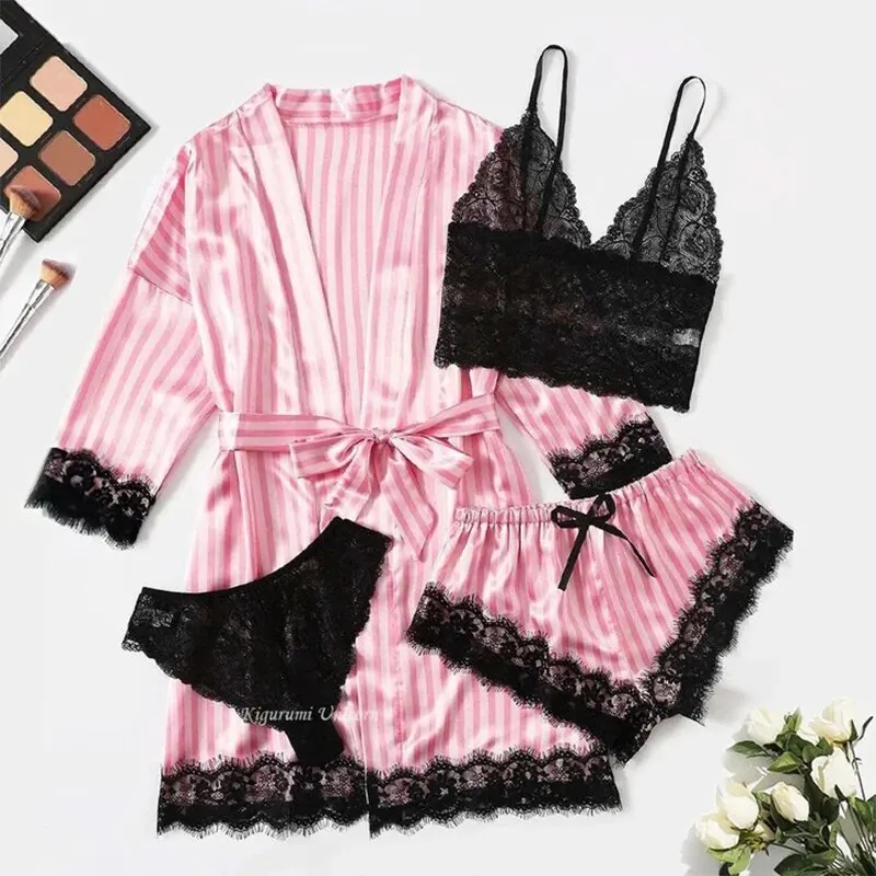 4 PCS Women\'s Summer Pajama Set with Pink Striped Jacket Paired with Casual Shorts and Sexy Lace Lingerie Casual Home Pajama Set