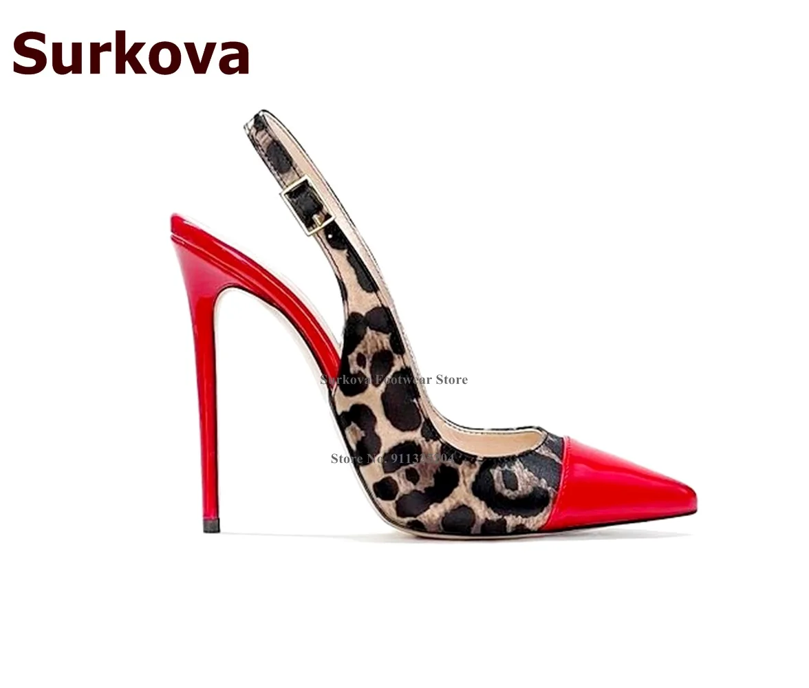 Surkova Neon Yellow Slingback High Heel Shoes 12CM 10CM 8CM Stilettos Pointy Toe Shallow Pumps Red Green Leopard Patchwork Shoes