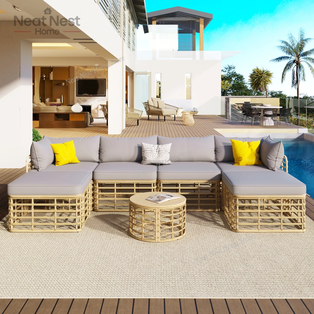 

GO 7 Pieces Outdoor Patio , All-Weather Rattan Sectional Sofa Set with Thick Cushions and Pillows, Freely Combined Conversation