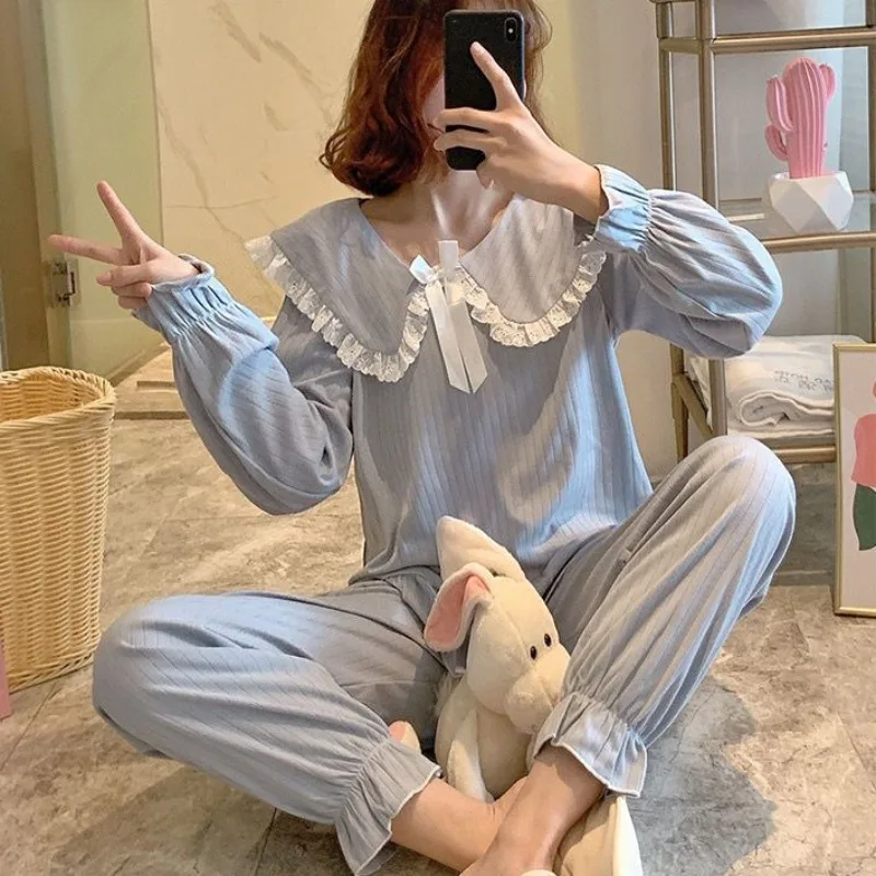 Pajama Sets Women Solid Ruffles All-match Sweet Home Daily Breathable Delicate Simple Ladies Korean Style Basics Prevalent New