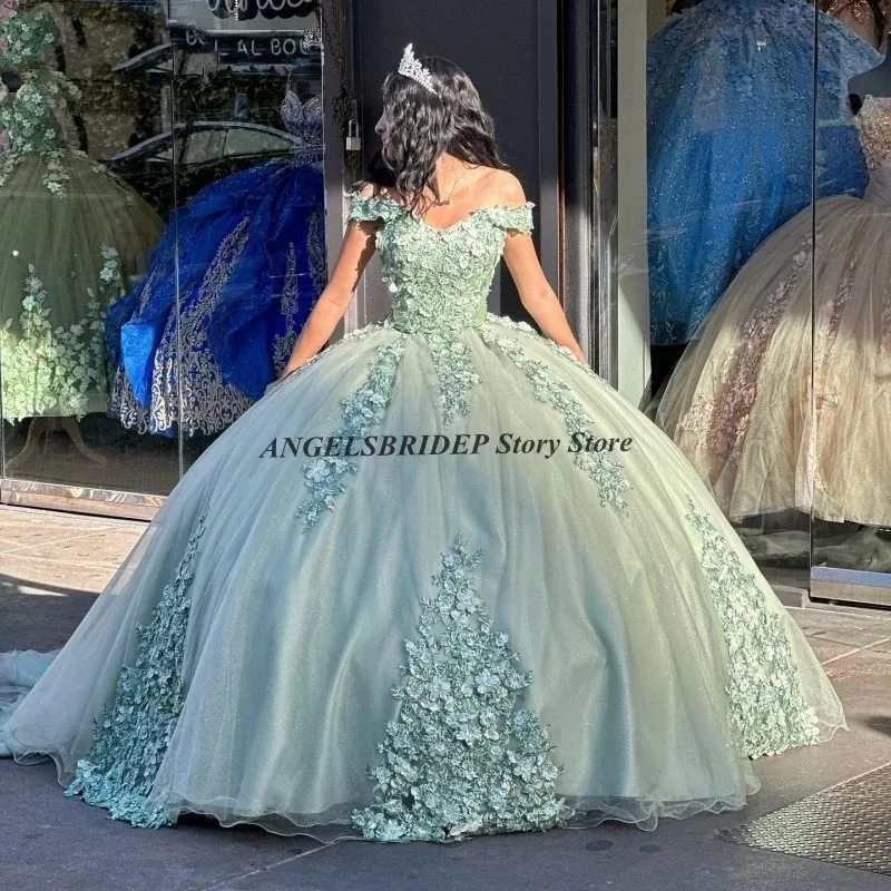 ANGELSBRIDEP-vestidos De quinceañera con lazo grande, flores 3D, verde salvia, Formal, fiesta De cumpleaños, graduación, 16 Años, 15 Años