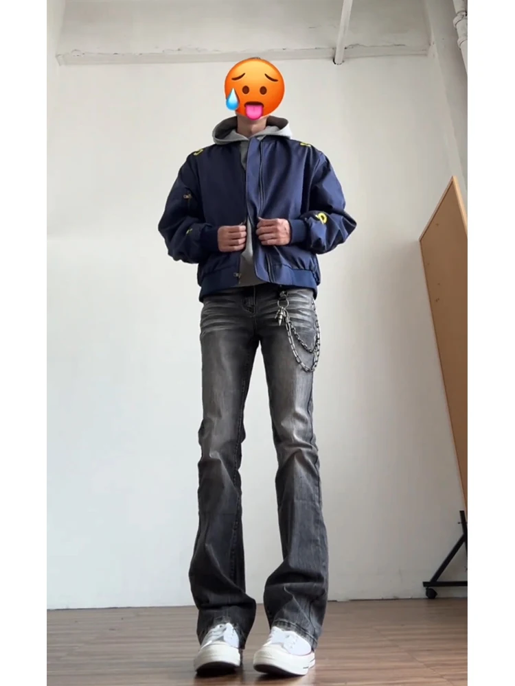

Waed Bla adient Lightning Pattern Men's Jeans Straight Leg Slim Fit American Sle High Street Vibe Casual Denim Pants