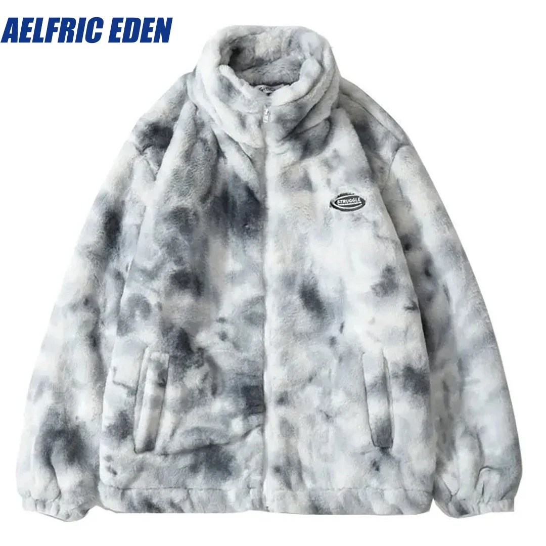 Jaqueta de lã Aelfric Eden Faux Fur para homens, Streetwear Hip Hop, Harajuku Tie Dye Heart Fuzzy Jackets, casacos casuais quentes, inverno