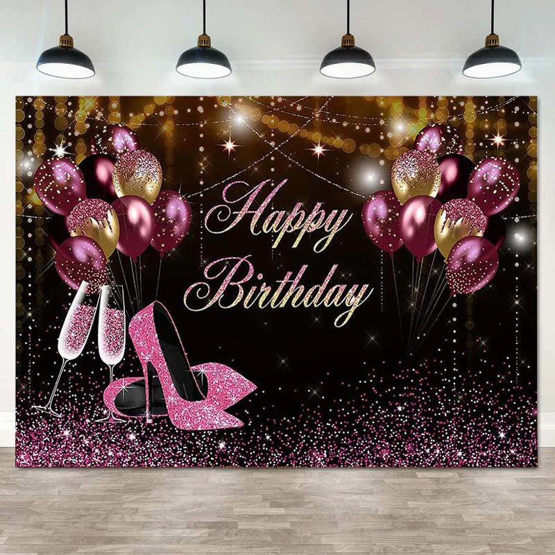 Photography Backdrop Black Gold Pink Glitters For Girl Women Birthday Party High Heels Champagne Balloons Decoration Background