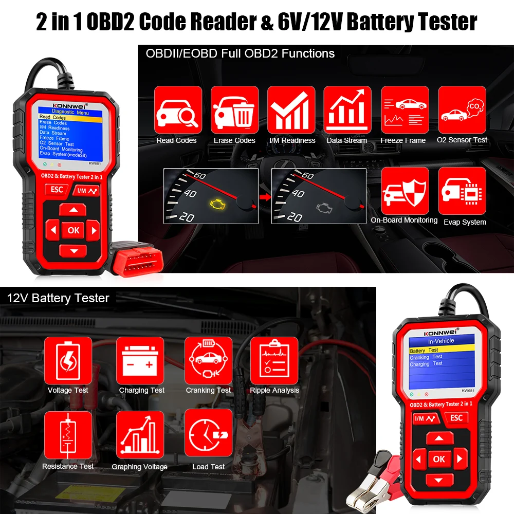 KONNWEI KW681 Automotive Battery Tester OBD2 Scanner For Car Motorcycle 6v/12v Car Diagnostics Maintain Car Battery Analyzer