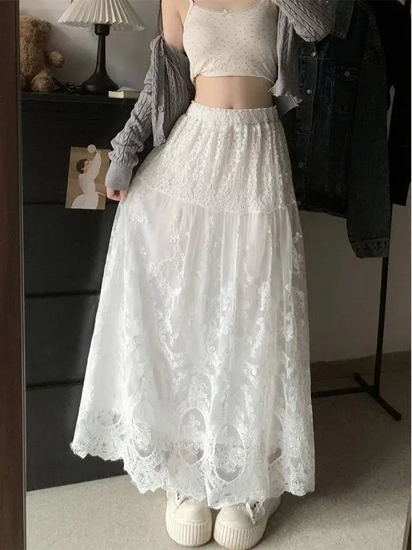 plus Size Lace Hook Embroidery Skirt Women's Loose Fit Spring Summer High Waist A-Line Long Skirt Casual Style for Plump Sister