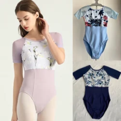 Printing Ballet Dance Leotard Women Short Sleeve Gymnastics Dancing Costume Girls Coverall Ballet Leotard