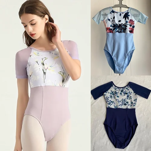 Leotardo de Ballet estampado para mujer, traje de baile de gimnasia de manga corta, mono para niñas, leotardo de Ballet