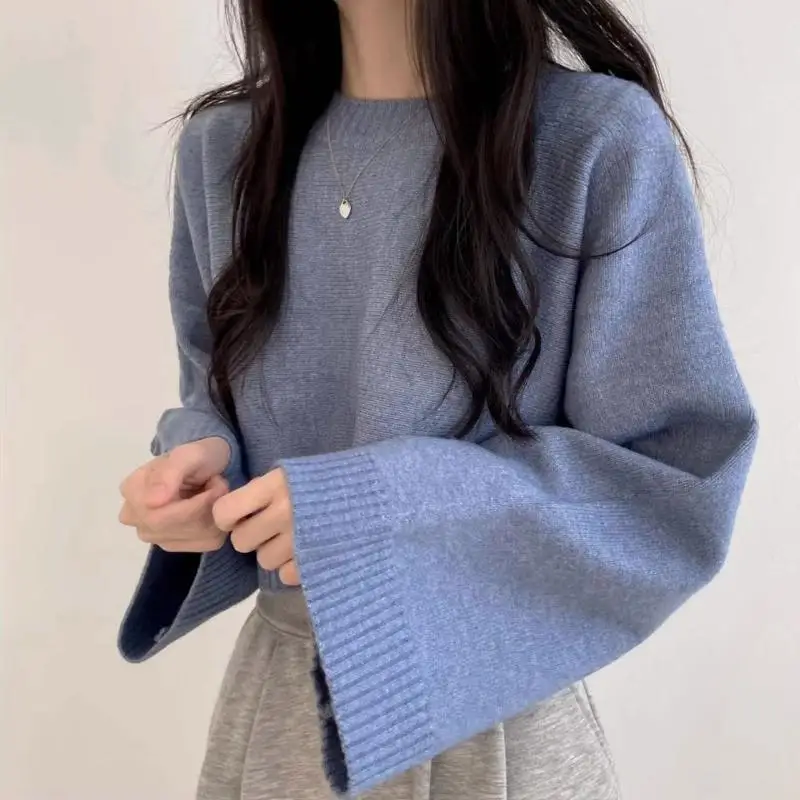 

Sping Autumn Women Sweater Korean Fashion Lazy Wind O-Neck Solid Casual All-match Loose Short Loog Sleeve Pullovers Knitted Tops