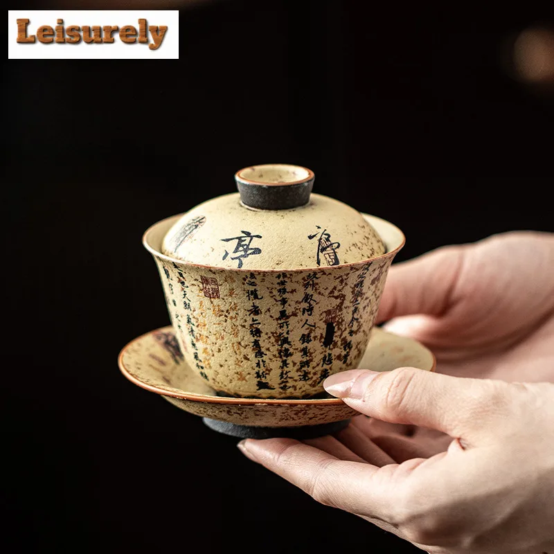 

133ml Hand-painted Lanting Preface Firestone Red Gaiwan Retro Tea Tureen Tea Bowl With Lid Kit Tea Making Cover Bowl Supplies