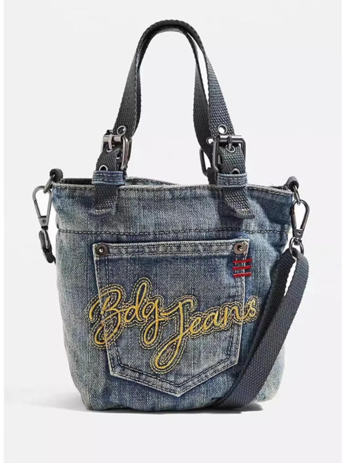 

American Retro Denim Bucket Shaped Handbag With Letter Embroidery Design Multifunctional Single Shoulder Diagonal Cross Bag Tide