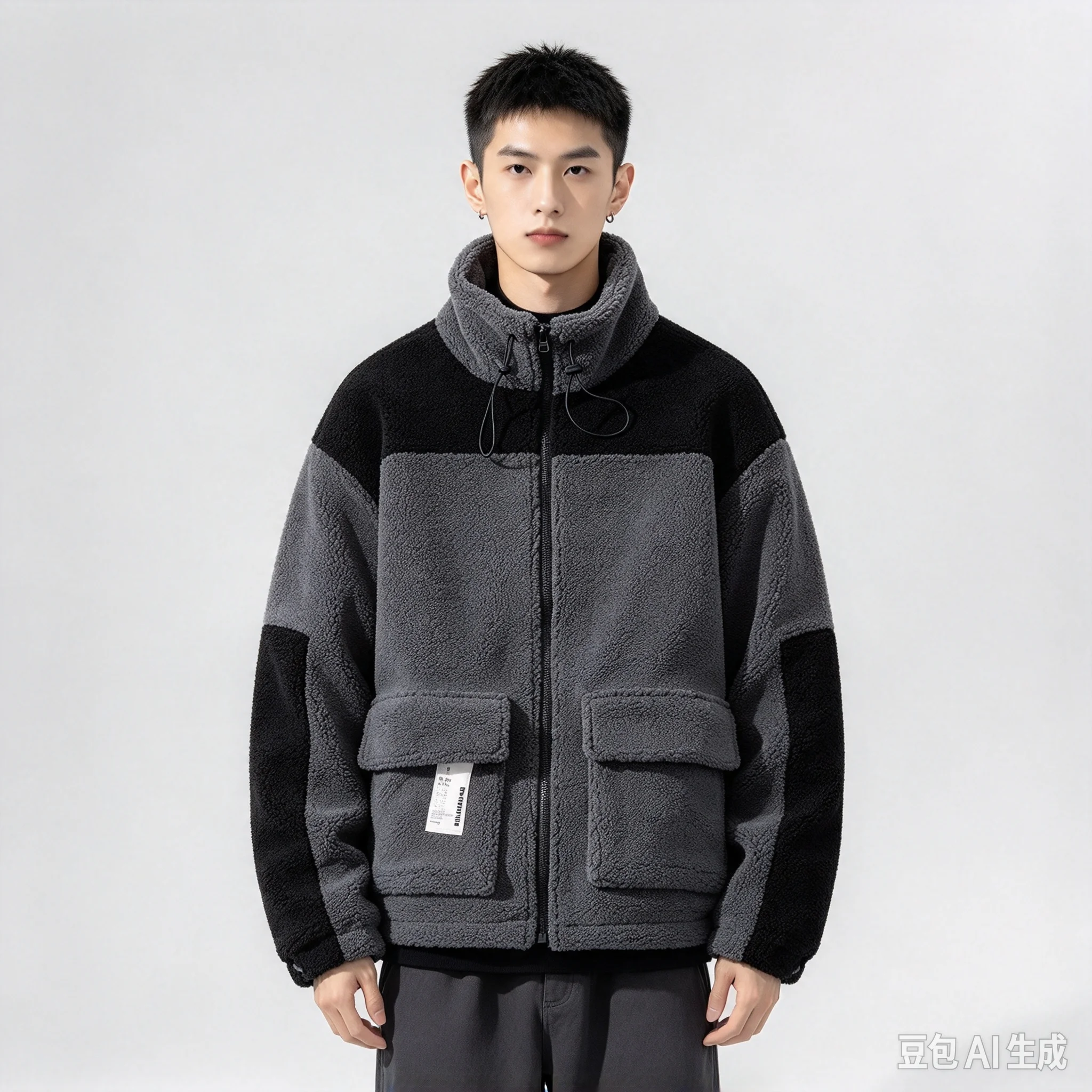 Black cotton jacket for autumn and winter, new personalized trendy brand, thick and plush cotton jacket, lamb wool jacket, loose