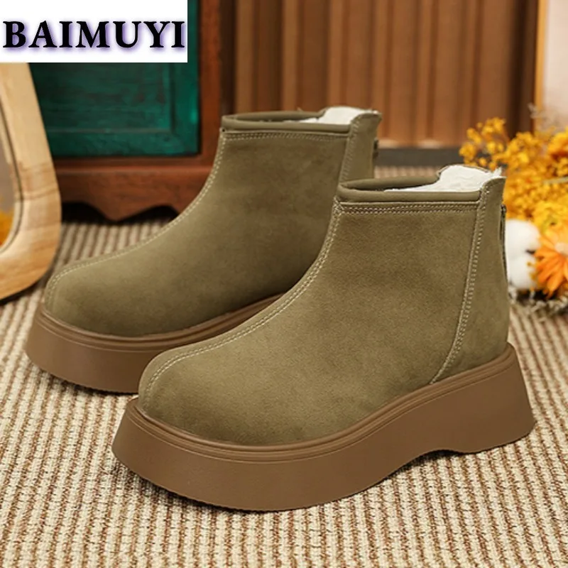 Platform Ankle Snow Boots Woman Flats Cotton Shoes High Heels Brand Suede Warm Plush Women 2025 Trend Casual Cozy Botas Muejr