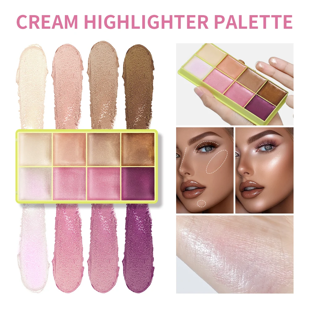 8-Farben-Creme-Highlighter-Palette für Highlight-Gesicht, Aufhellung, Highlighter, Rouge, Schimmer, wasserfestes Make-up-Werkzeug, Kosmetik