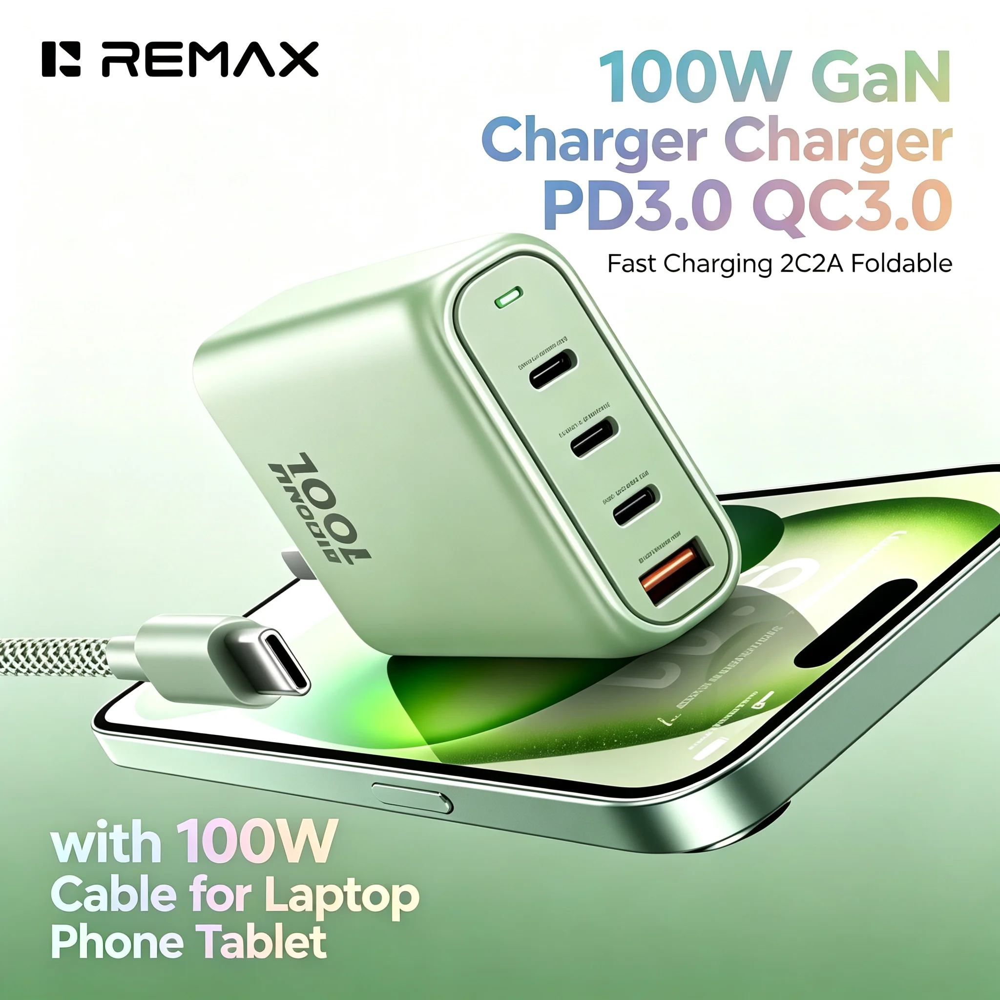 remax-100w-gan-charger-4-ports-1a3c-pd30-qc30-fast-charging-adapter-with-100w-cable-foldable-plug-for-laptop-phone-tablet