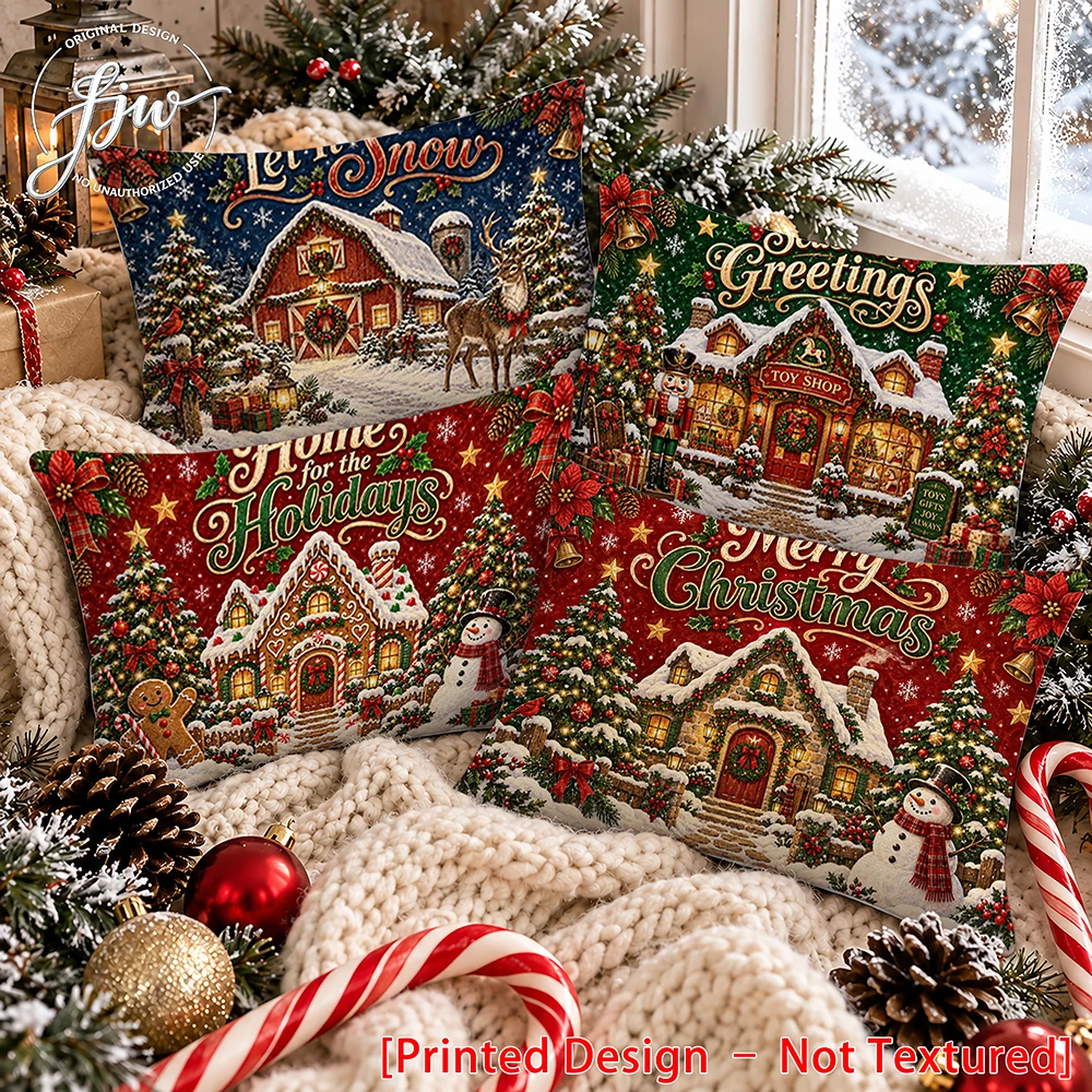 4pc Christmas Vintage Farmhouse Throw Pillow Covers , Winter Holiday Decorative Lumbar Pillow Cases for Sofa Couch