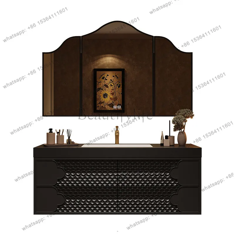 

French retro bathroom cabinet washbasin solid wood washstand smart cabinet