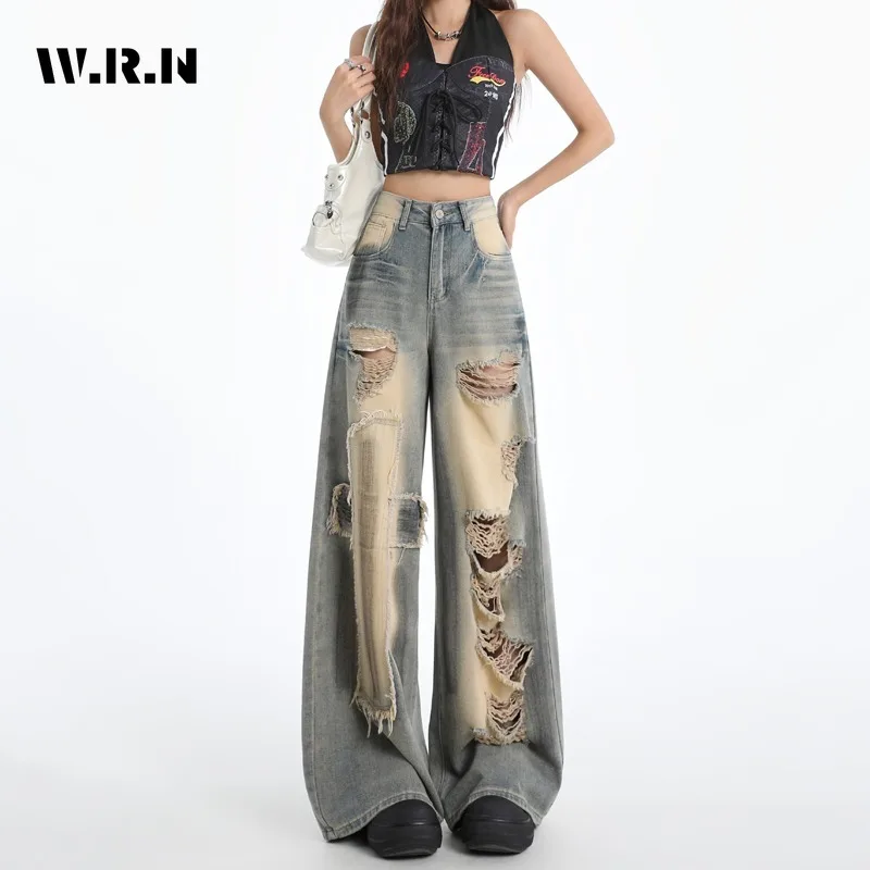 

Harajuku Loose Fit Vintage Ripped Jeans 2025 Summer Women's Baggy Kpop Denim Trouser Y2K Emo Wide Leg Trashy Damage Pants