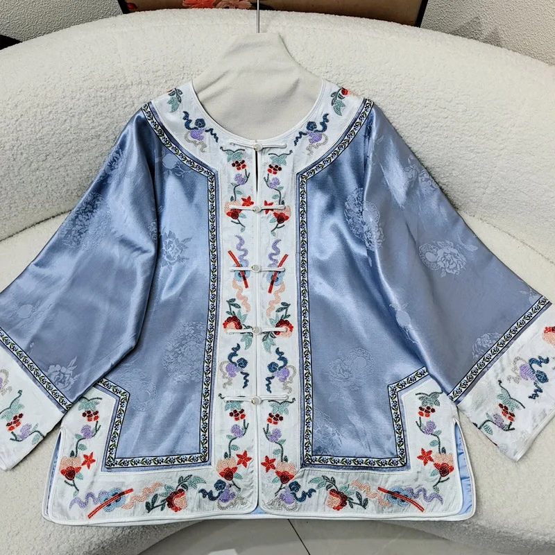 High-end Spring Autumn Coat New Chinese Style Stand Collar Elegant Women Embroidery Jacquard Loose Coat S-XXL