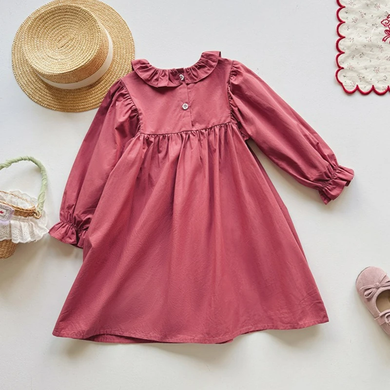 Autumn British Countryside Style Children's Dress with Poccket French Sweet Ruffled Cherry Embroidered Cotton Dress for Girls
