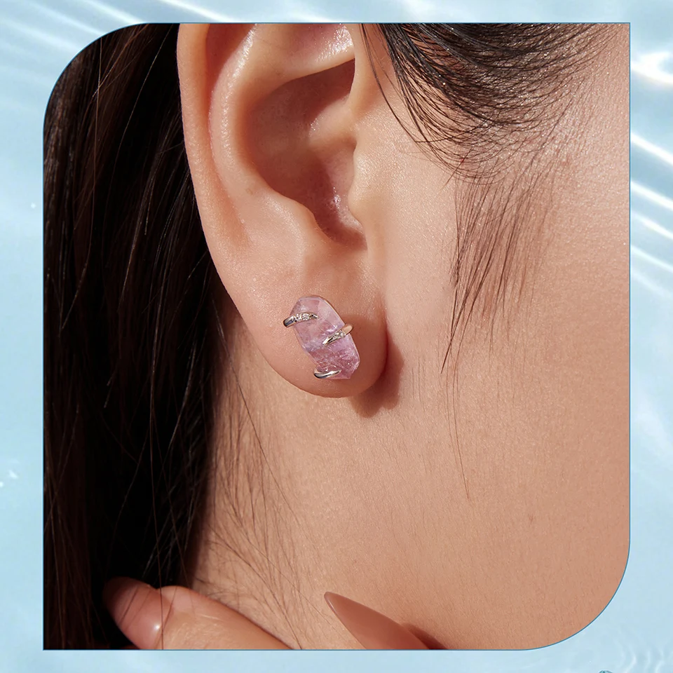 WOSTU Ohrstecker mit lila Amethyst-Rohkristall für Damen, platiniert, S925-Silber, geometrischer Naturstein-Schmuck, Geschenk – Detail 9