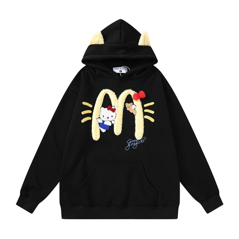 Sanrio Hello Kitty new Cartoon Anime Cute Lazy Style Plush Embroidered Hoodie Plush Sweatshirt Loose Couple Coat Christmas Gift