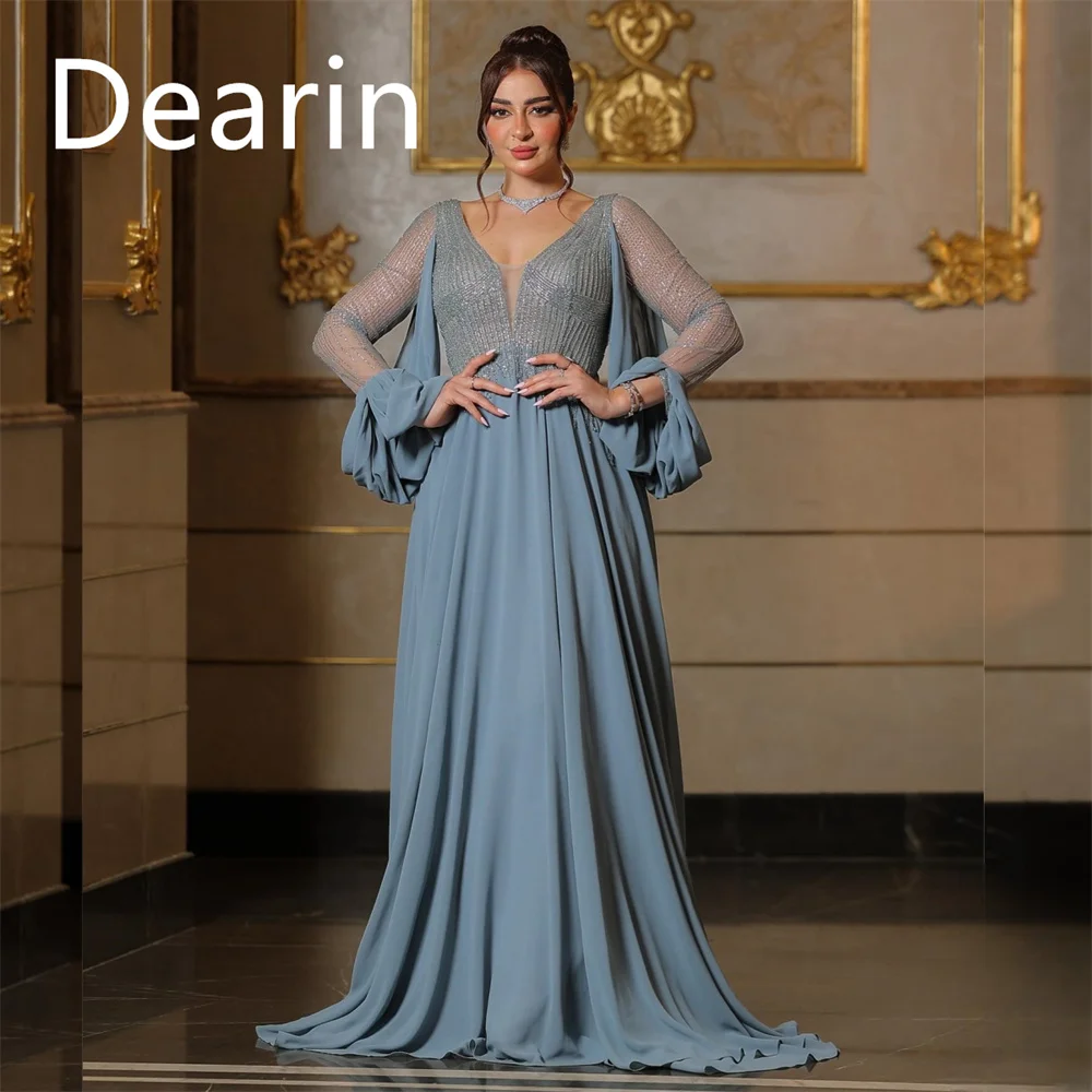 

Customized Prom Dress Formal Women Dearin V-neck A-line Floor Length Skirts Draped Bespoke Occasion Dresses Evening Gown