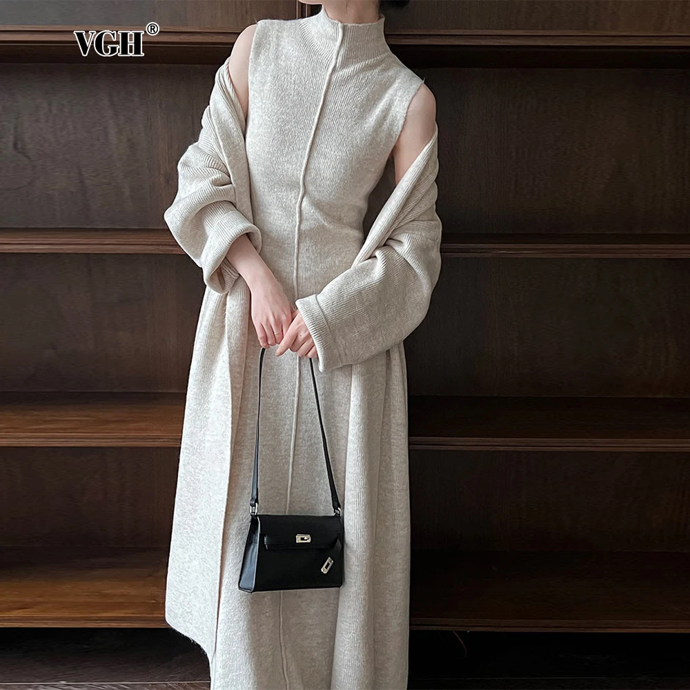 

VGH Temperament Two Piece Sets For Women Stand Collar Sleeveless High Waist Dress Lapel Long Sleeve Cardigan Soild Set Female