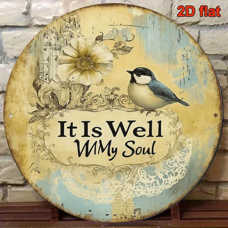 2D Flat Retro Round Metal Plaque Vintage Background Bird Floral Lace It Is Well With My Soul Farmhouse Wall Decoration Sign