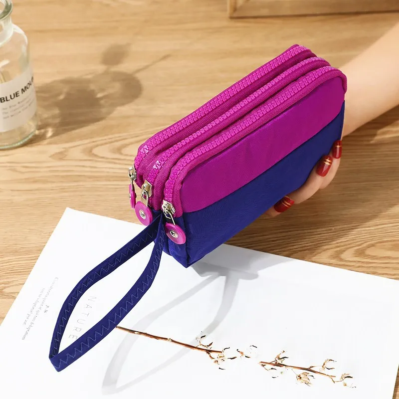 5pcs Coin Purses Women Nylon Three layer Patchwork Double Zipper Ear Line Lipstick Holder Long Storage Bag With Wrist Mix Color