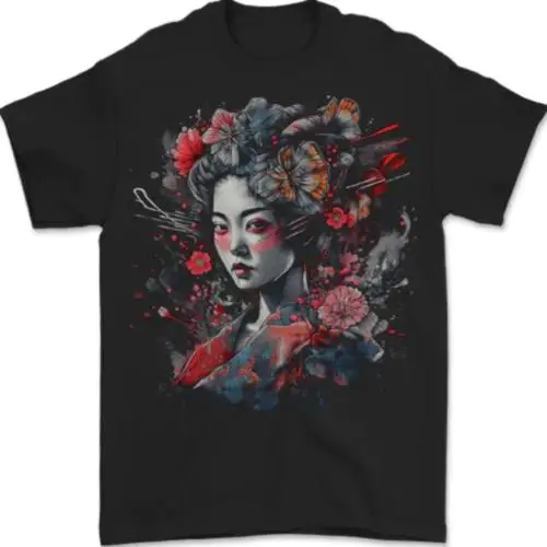 Geisha Girl With Flowers & Butterflies Fantasy Mens T-Shirt 100% Cotton