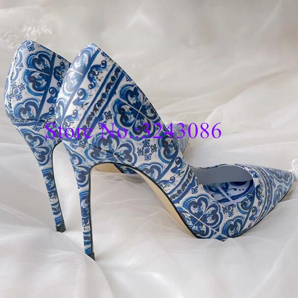 

Blue And White Porcelain Lady Pumps Fashion New Design Woman Leather High Heels Shoes Sexy Pointed Toe Female Banquet Shoes