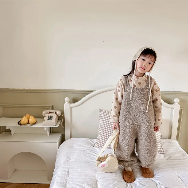 2024 New Winter Children Warm Lamb Fleece Overalls Cotton Girls Warm Trousers Fashion Boys Strap Pants Kids Casual Clothes