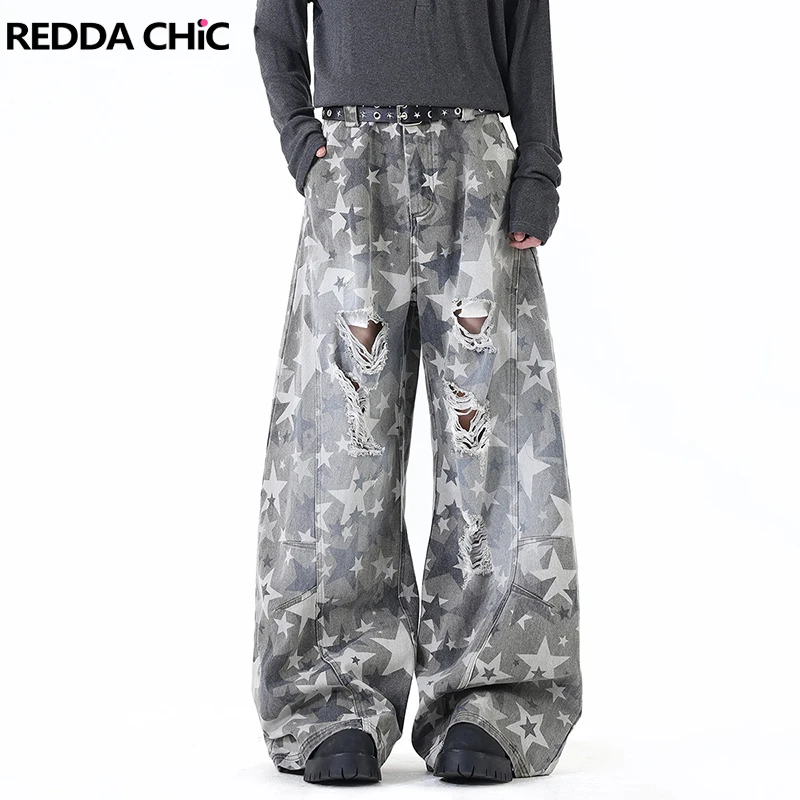 

REDDACHiC Y2k Star Ripped Jeans Denim Destroyed Camouflage Loose Fit Casual Wide Leg Barrel Pants Trousers Hiphop Men Streetwear