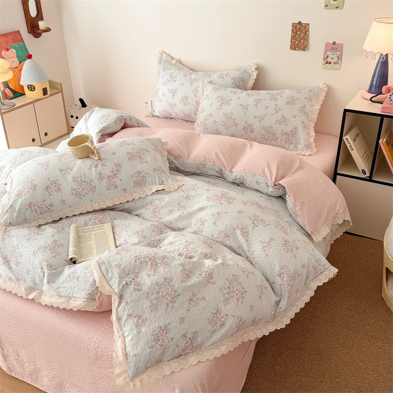 Double-layer Gauze Bedding Set with Lace Single/Queen Size Bed Linen Sets for Home Flower Printed Bedclothes Soft Bed Sheet Sets