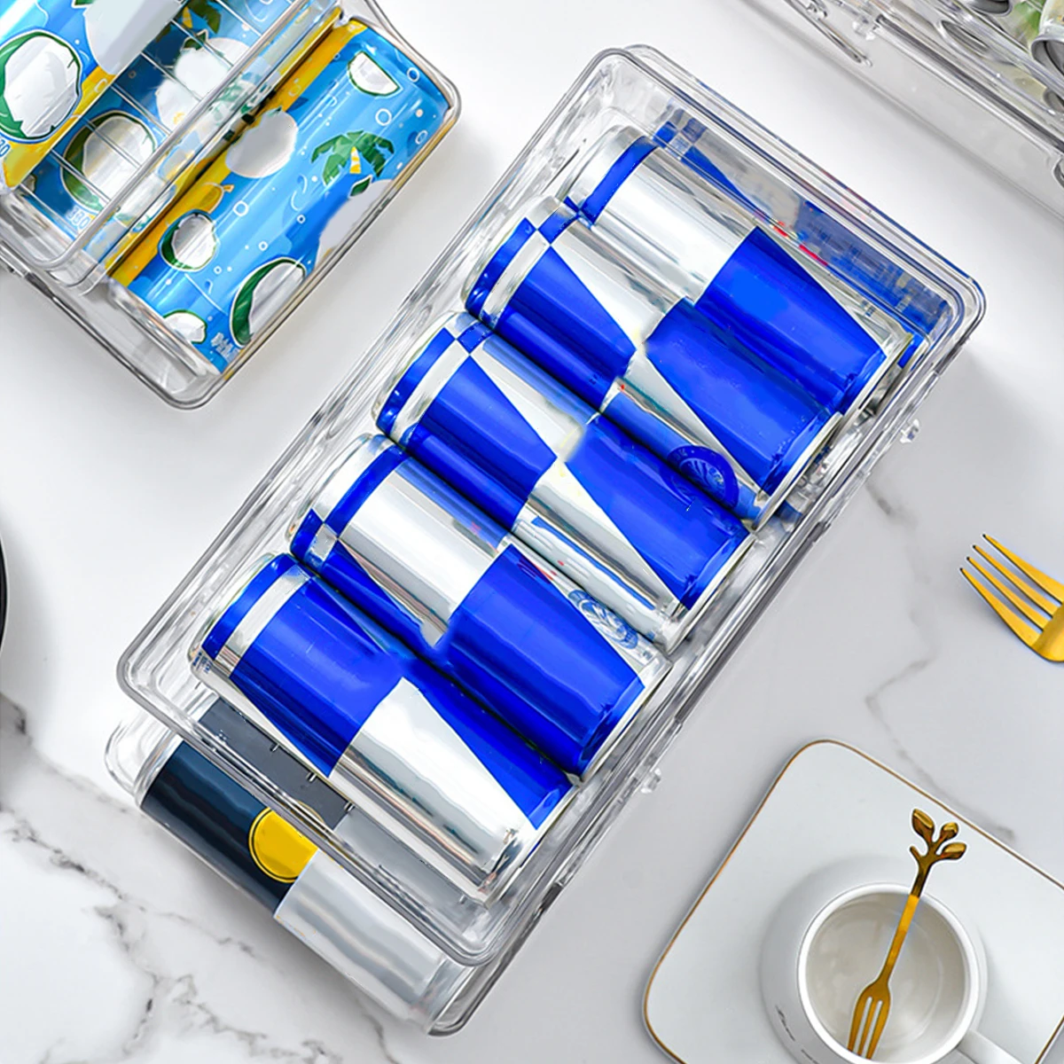 Refrigerator Beverage Holder Automatic Rolling Refrigerator Organizer Box 2-Layer Large Capacity Can Holder Dispenser Clear