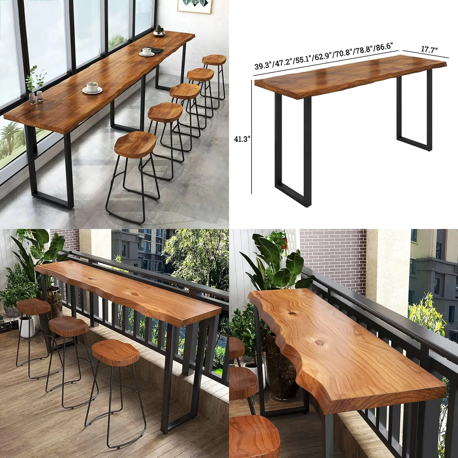 

Solid Wood Counter Height Live Edge Bar Table High Top Narrow Long Rectangular Dining Kitchen Pub 47.2in Brown, Customized