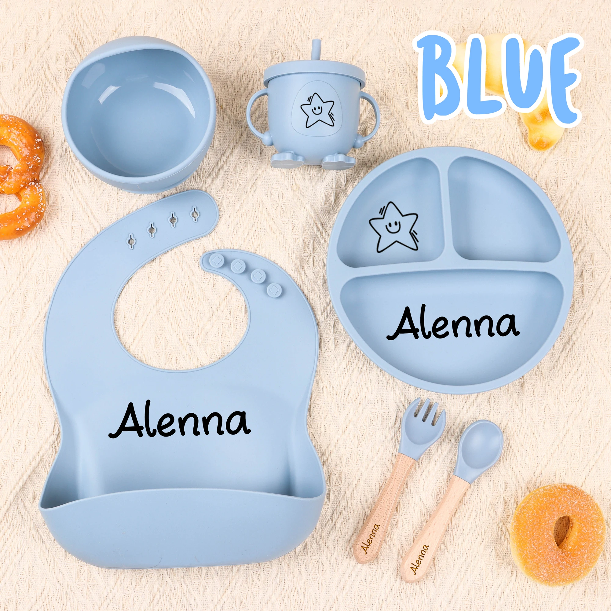 

6pcs Custom Silicone Weaning Set - Baby Feeding Set With Name, Cartoon Weaning Set for Toddler Baby Kids, Feeding Set, Baby Show
