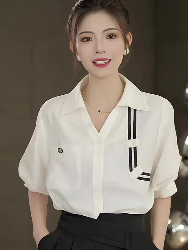 

Korean Sle Casual White Asymmetrical Line Five-Quarter Sve Women's irt Versatile Summer Lazy Aosphere Match All