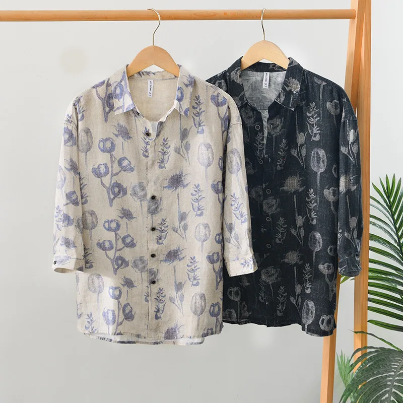 

L995 100% Linen Premium Shirts Men's Three Quarter Sleeve Vintage Floral Print Hawaii Beach Holiday Sun-protection Casual Blouse