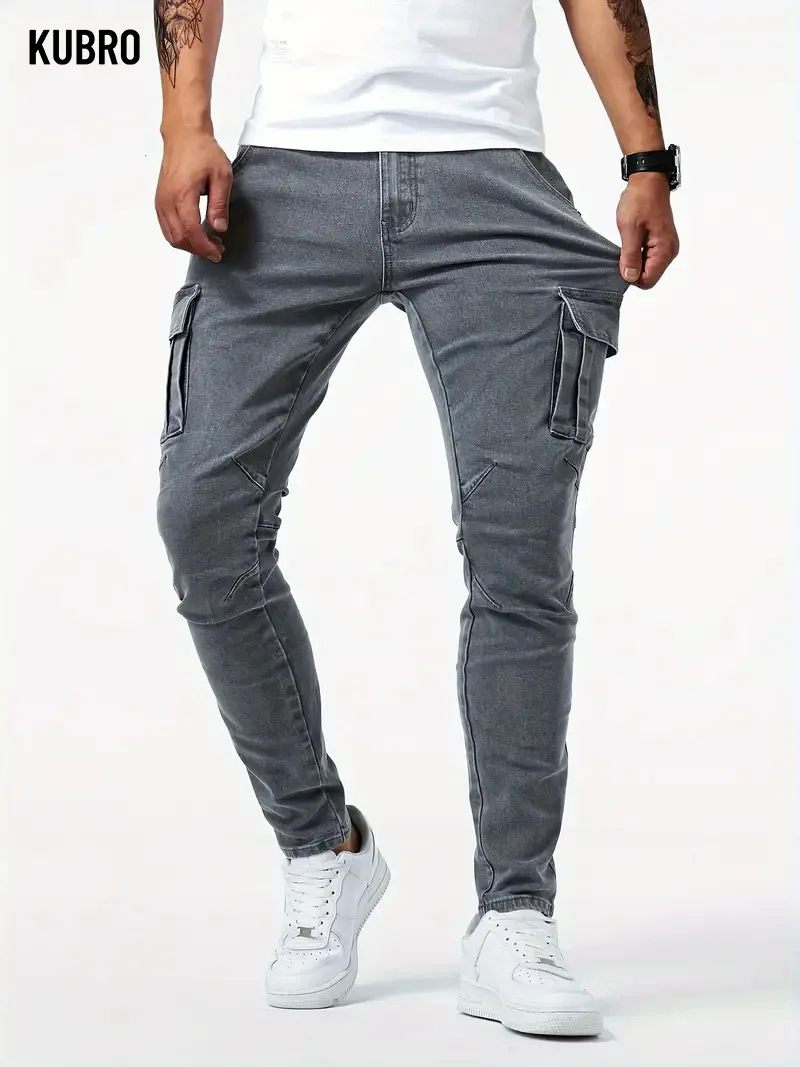 Street Elastic Jeans Men Denim Cargo Pants Wash Solid Color Multi Pockets Casual Mid Waist Trousers Slim Fit Daily Wear Joggers