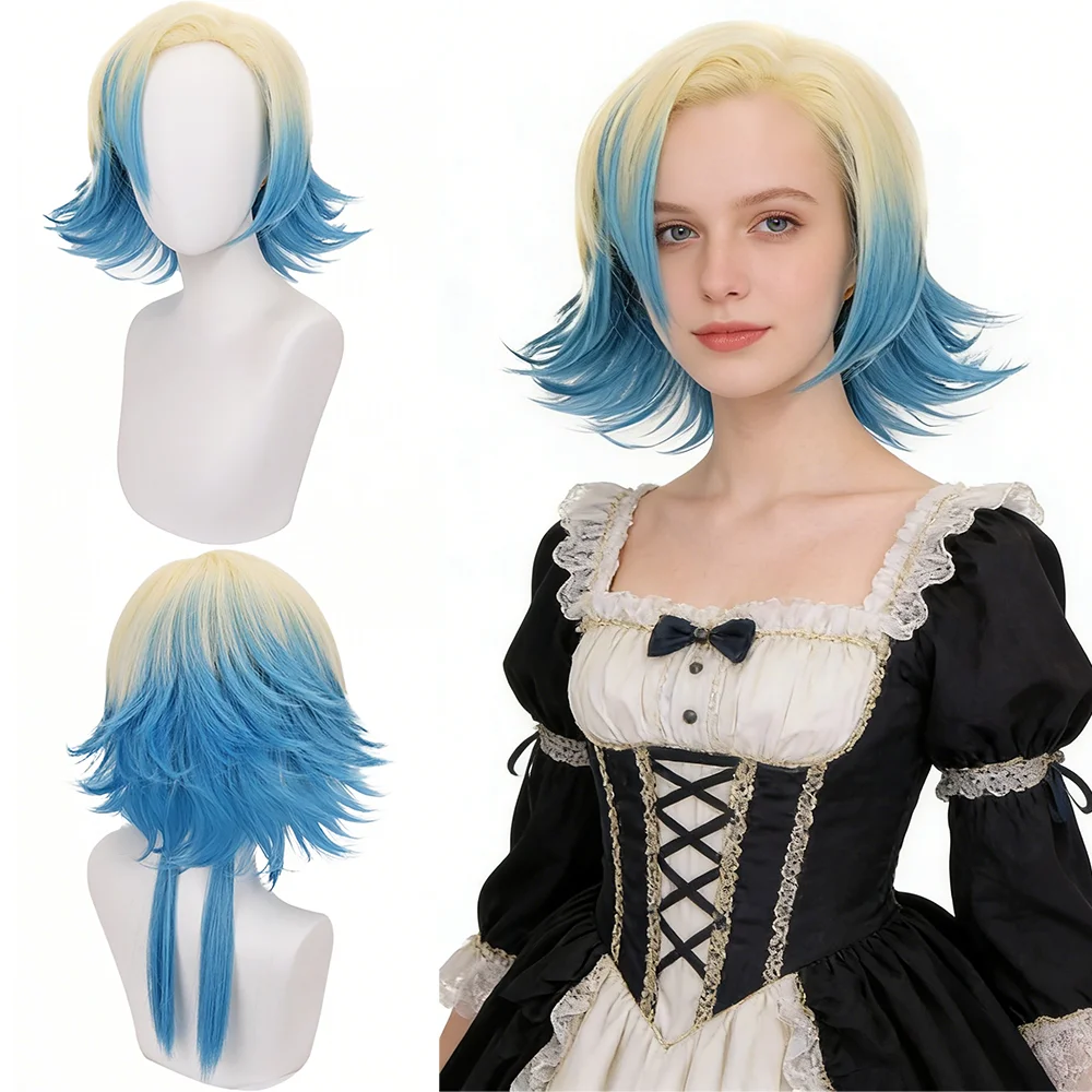 Michael Kaiser Cosplay Wig Blue Blonde Ombre Short Wig With Ponytail Heat Resistant Synthetic Hair Unisex For Anime Halloween